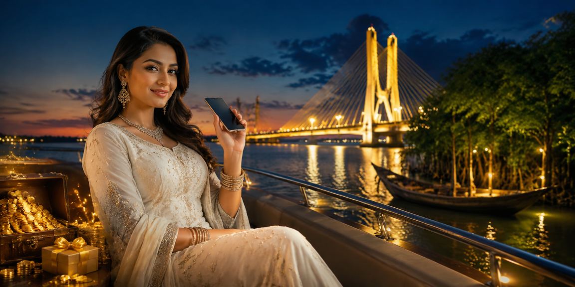 সুন্দরবনের পটভূমিতে বাংলাদেশি মডেল মোবাইলে bubu 88 বেট চেক করছেন